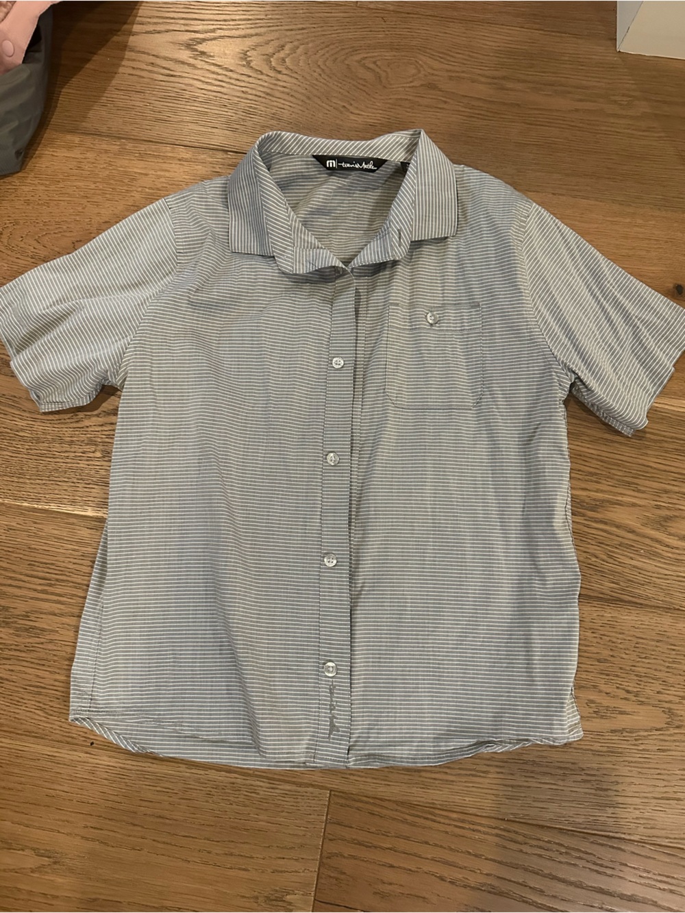 Travis Mathew Boys Blue and White Thin Stripe Button Down Shirt